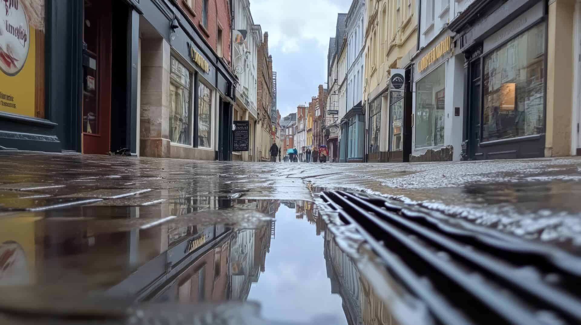 Blocked street drain causing rainwater to pool and flood the road after a heavy rainstorm, illustrating urban drainage problems and potential flood risks in London infrastructure