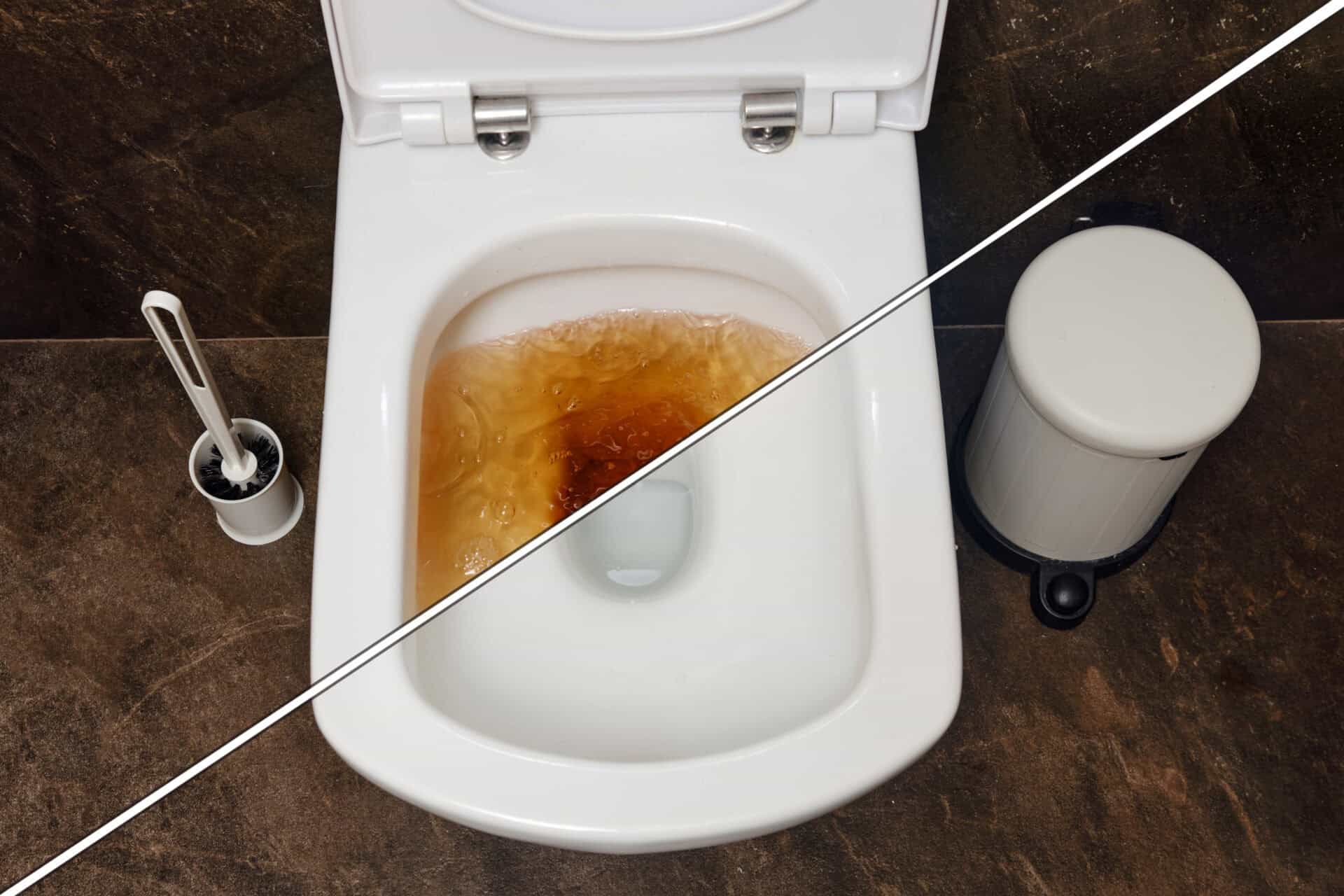 The clogged drain caused a dirty toilet, but after cleaning, it's now sparkling white.
