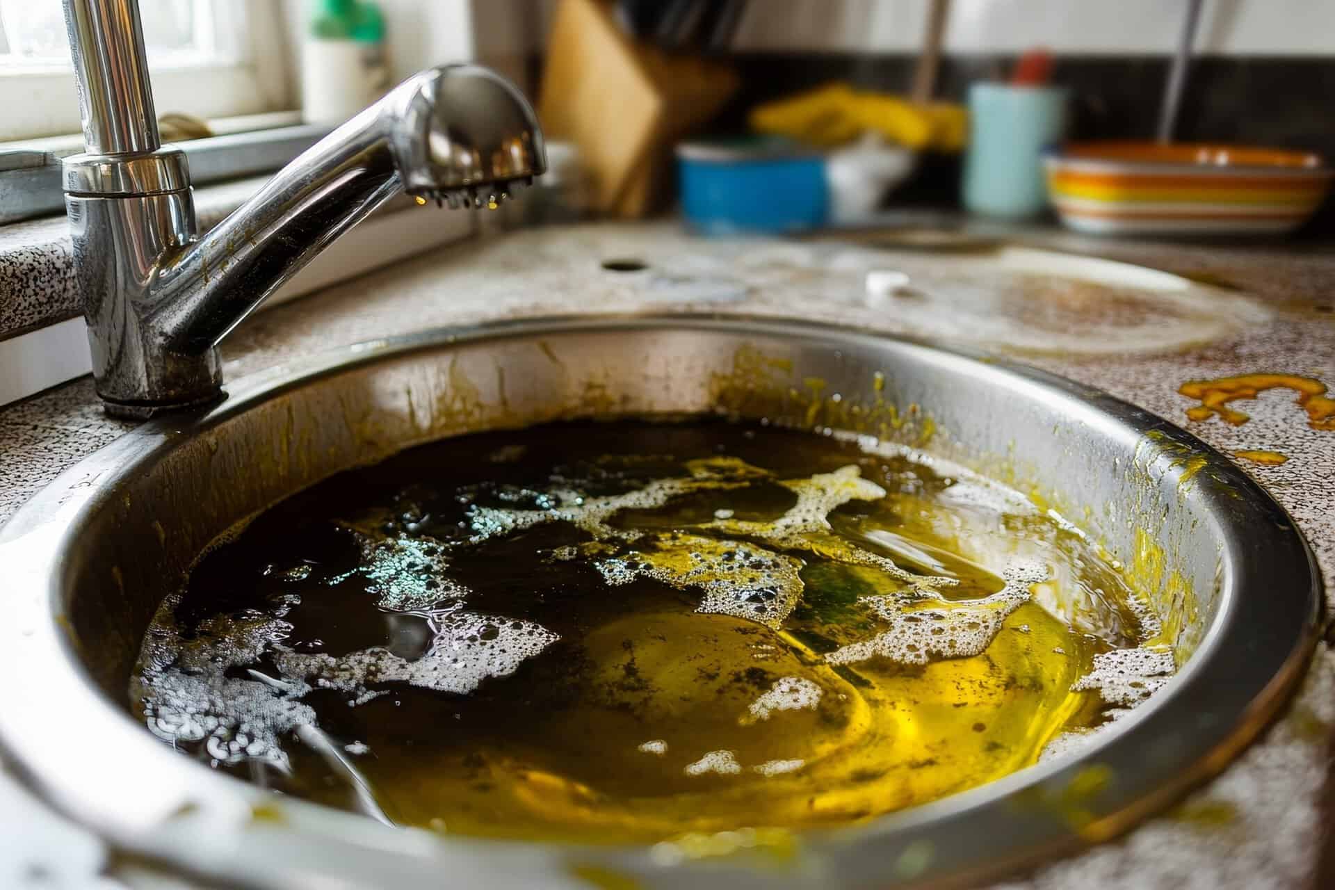 A kitchen sink overflowing with used cooking oil, showcasing the common household issue of grease build-up leading to clogged drains. This image symbolizes the importance of proper disposal methods to avoid plumbing problems.