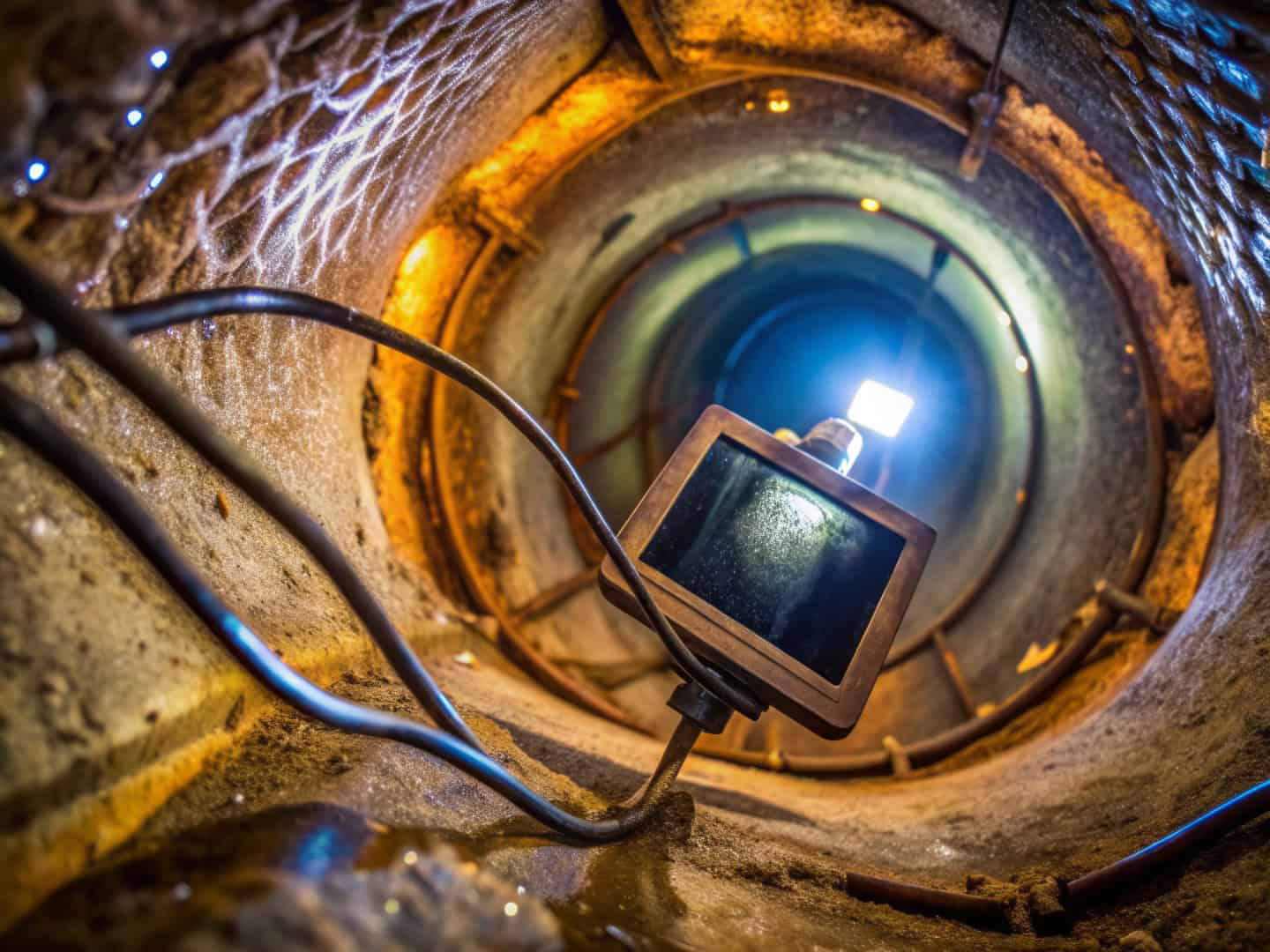 Close-up of sewer inspection camera descending